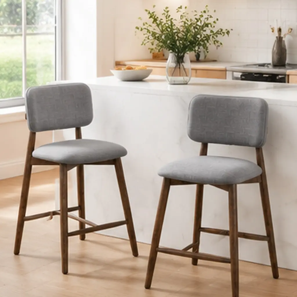 ARCH 25.7 Inch Seat Height Fabric & Rubberwood Bar Stool Set of 2, Gray Upholstery Modern Counter Stool for Kitchen Island, Durable Wood Frame with Footrest, Easy Clean Stain-Resistant Seat, Multiple Color Options Available, Beige/Beige+Natural/Brown