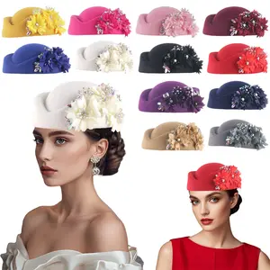Retro Vintage British Wool Felt Pillbox Hat for Women Floral Rhinestone Fascinator Church Derby Formal Beret Headwear Suitable for Graduation Ceremonies, Dances, Parties and Gatherings