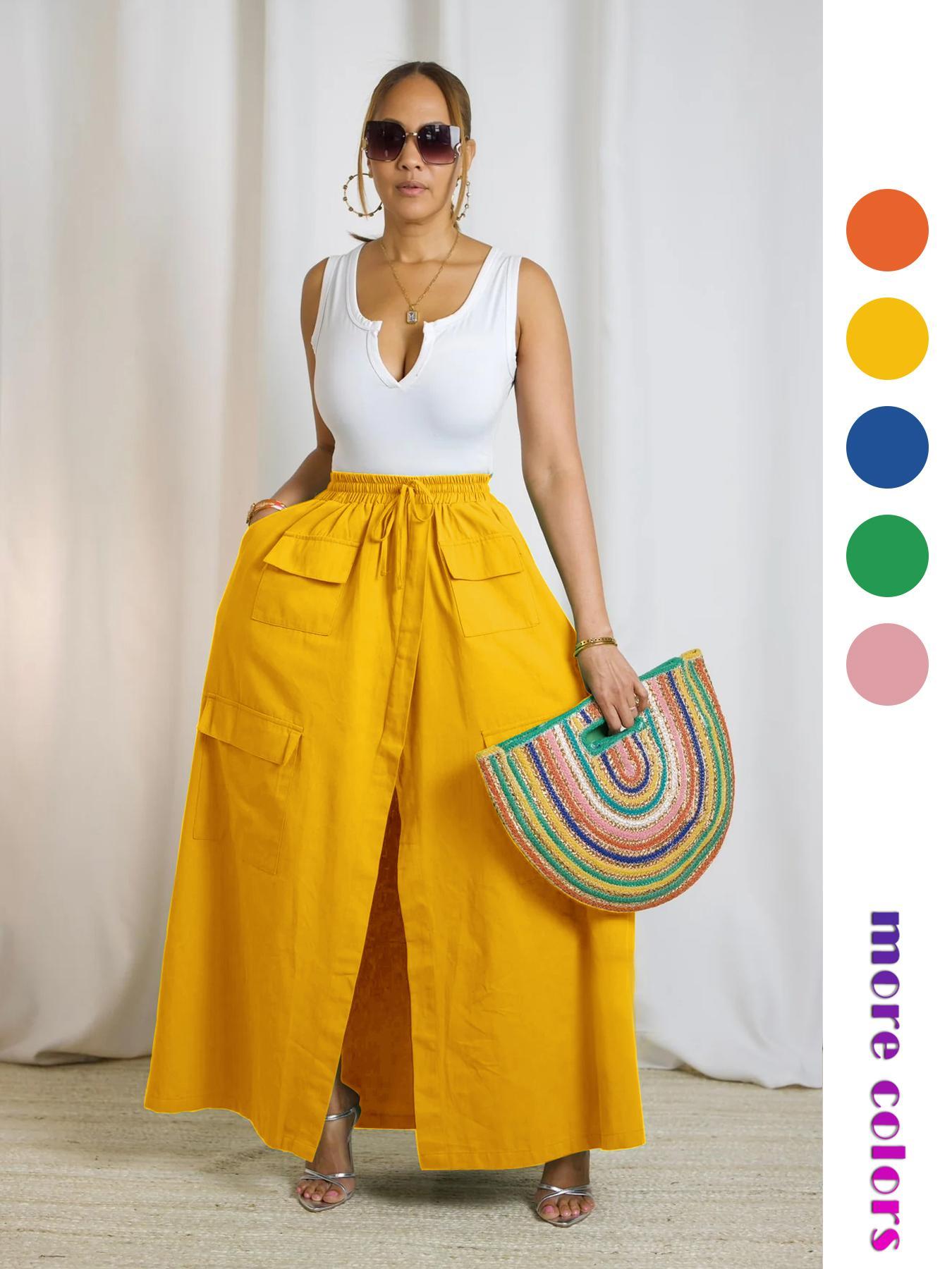 Women's Plain Drawstring High Waist  Skirt, Casual Boho Pocket Wrap Skirt for Summer, Ladies Bottoms for Beach Holiday Vacation