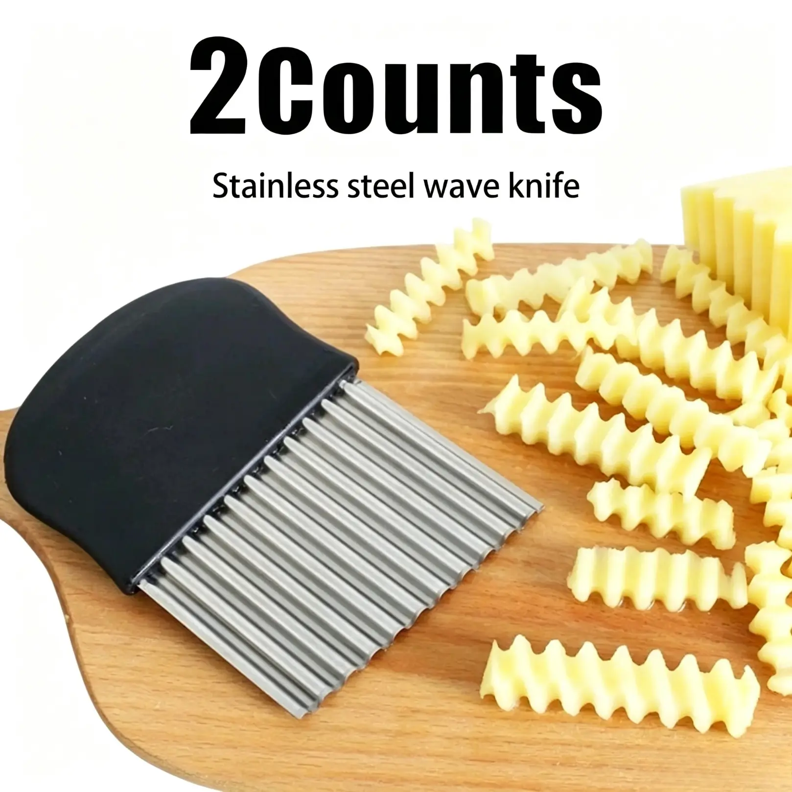 2 Counts Large Crinkle Cutter, French Fry Slicer, Potato Knife Cutter, Wavy Chopper for Fruit Vegetable, Stainless Steel Blade Cutting Tool for Kitchen