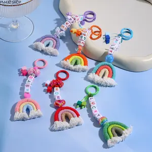 Boho Rainbow Beaded Keychain for Women – Handmade Cotton Rope Tassel Bag Charm, Colorful Alphabet Beads Pendant Keyring, Ethnic Style Backpack & Purse Accessory