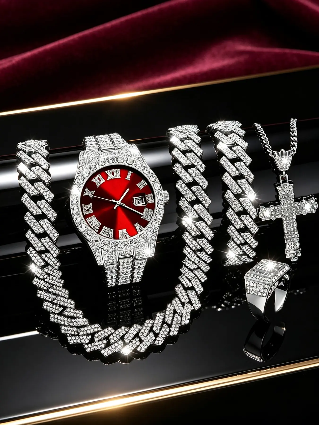 Men's Luxury Rhinestone Quartz Watch Set, Includes Bracelet, Necklace, Ring, Fashion Fall Trendy Gift, Elegant Heavy Jewelry for Men, Exquisite Watch Set