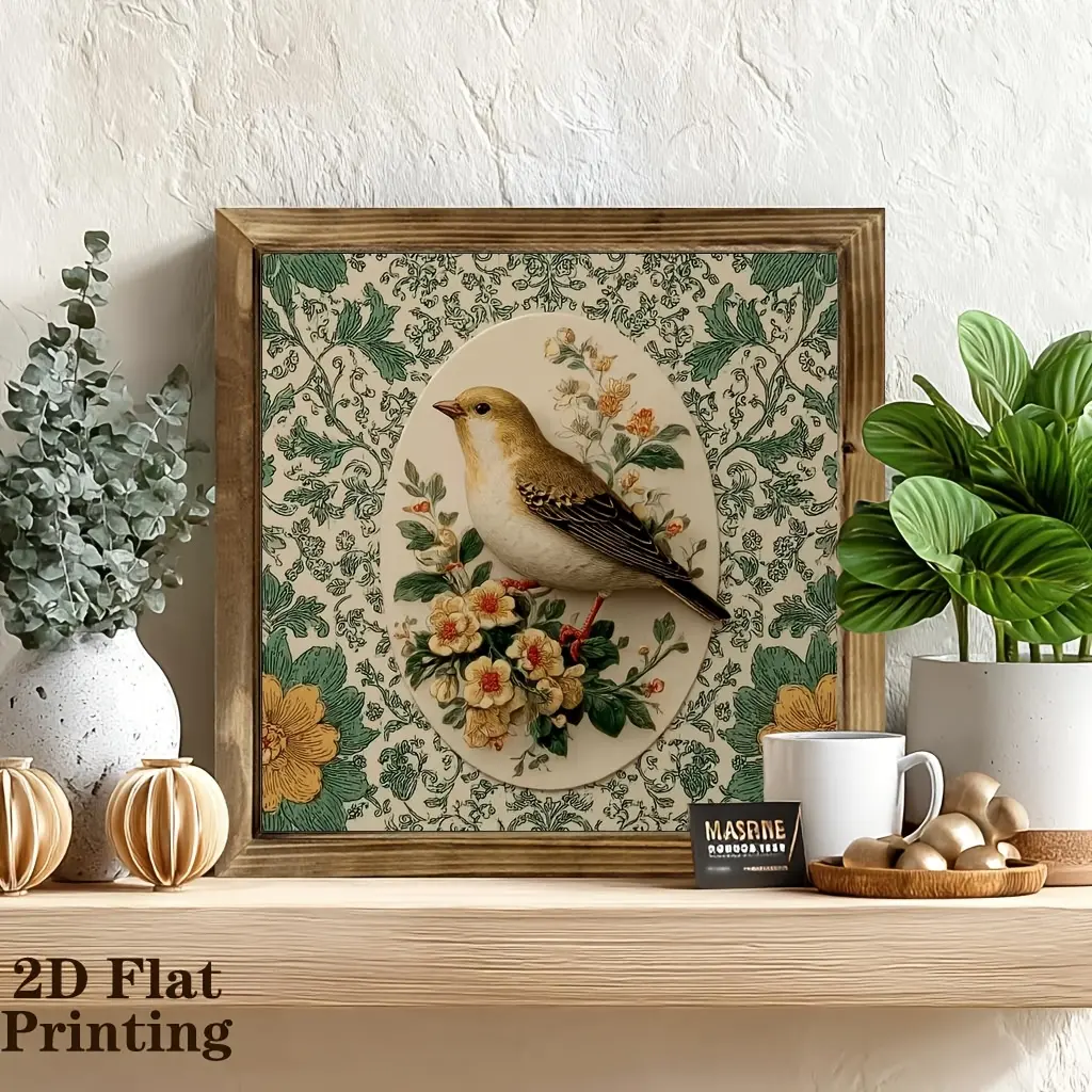 2D Flat, 2D Flat, A 2D Artwork Featuring a Vintage Floral Pattern with a Perched Sparrow, Framed in an 8X8 Inch Rustic Farmhouse Style. This Wooden Wall Decor Is Suitable for Homes, Kitchens, Living Rooms, Desks, Bathrooms, And Cafes