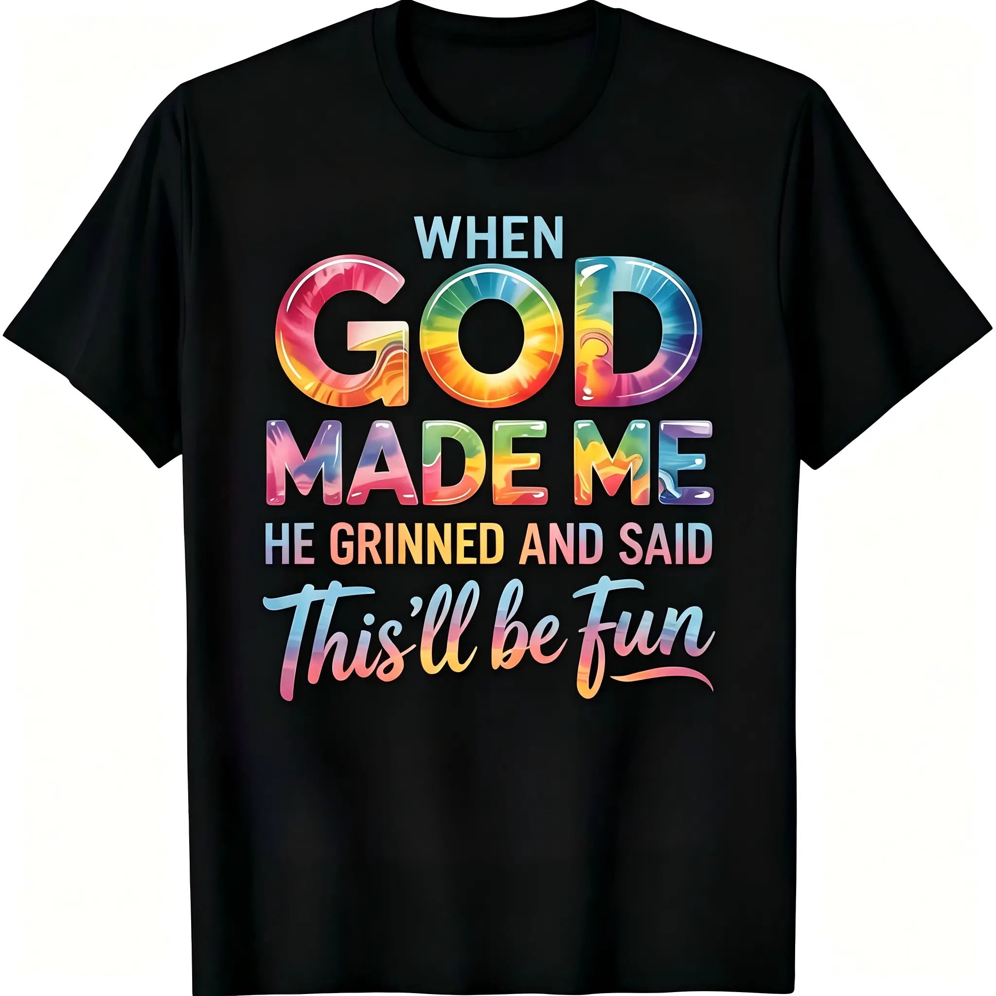 "When God Made Me He Grinned" Christian T-Shirt for Men & Women - Colorful Faith Graphic, Soft Cotton Crew Neck Short Sleeve, All-Season Summer Spring Casual, Great for Daily Wear & Positive Faith Style, Machine Washable