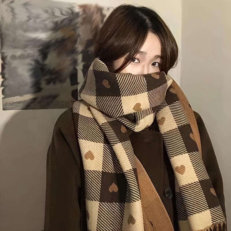 Elegant Reversible Love Heart Scarf for Women  Thick Warm Windproof Polyester Shawl, Cozy Oversized Wrap for Autumn & Winter, Perfect for Travel, Outdoor Activities & Daily Cold-Weather Wear