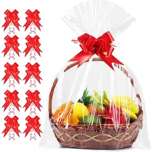 10 count  Cellophane Wrap for  Baskets, 30x40 Inch Clear Cellophane Bags with 10 Red Bows, 3 Mil Thicker Cellophane  Bags for  Basket Wrap,  Giving