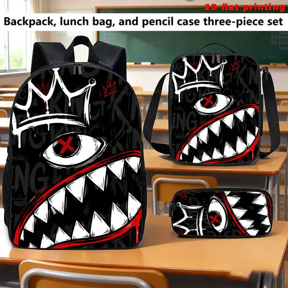Women's bag set White Crown Strange Mouth 2D printed backpack set, optional tote bag and pencil case, suitable for young trendsetters for daily commuting, digital device transport, studying, or short trips, as well as back-to-school season supplies
