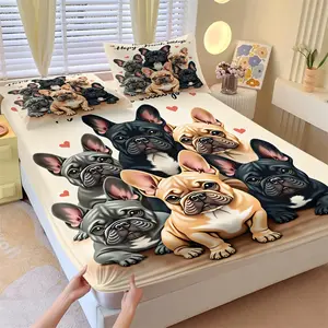 Happy French Bulldog Puppy 3Pcs Fitted Sheet Set, Multi-Color Frenchie Dogs & "Happy French Bulldogs" Print, Skin Friendly Breathable Fabric, Ideal for All Seasons Bedroom & Guest Room Use, Dog Lover Home Decor