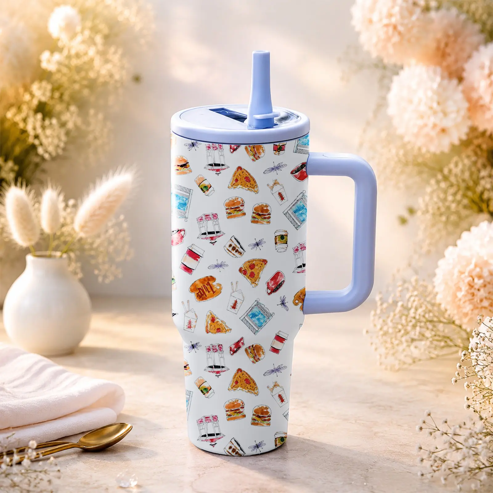 1PC Snack Planet 40oz Tumbler with Handle, Cute Food Doodle Print Insulated Water Bottle, Burger Pizza Drink Pattern Design, Double Wall Vacuum Stainless Steel Cup with Straw, Large Capacity Travel Mug for Work, Gym, Outdoor & Everyday Hydration.