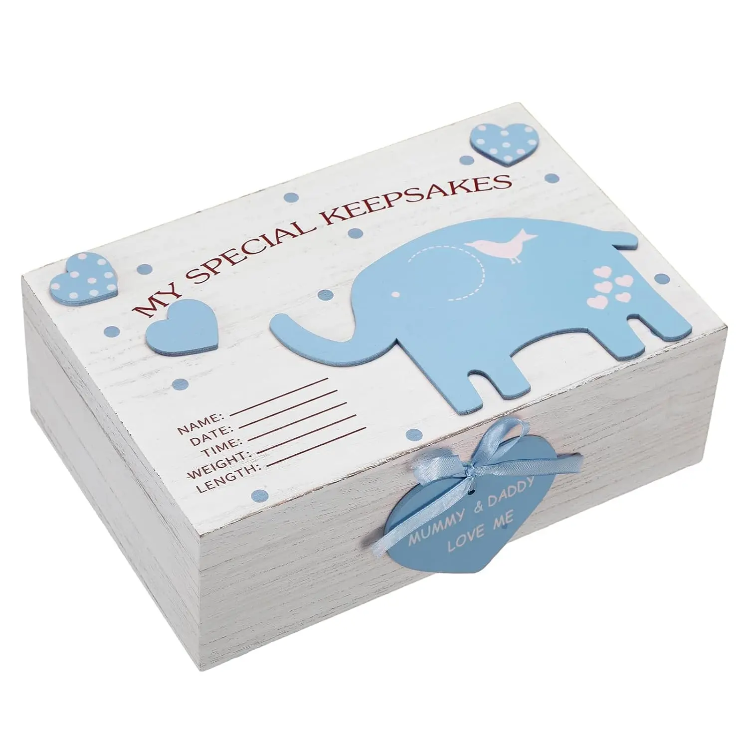 3D Wooden Elephant Keepsake Box for Baby Boys and Girls, Newborn Baptismal Birthday Gift, Memory Memento Storage Box, 11.81'' x 7.87'' x 3.94'', Blue(Gift)