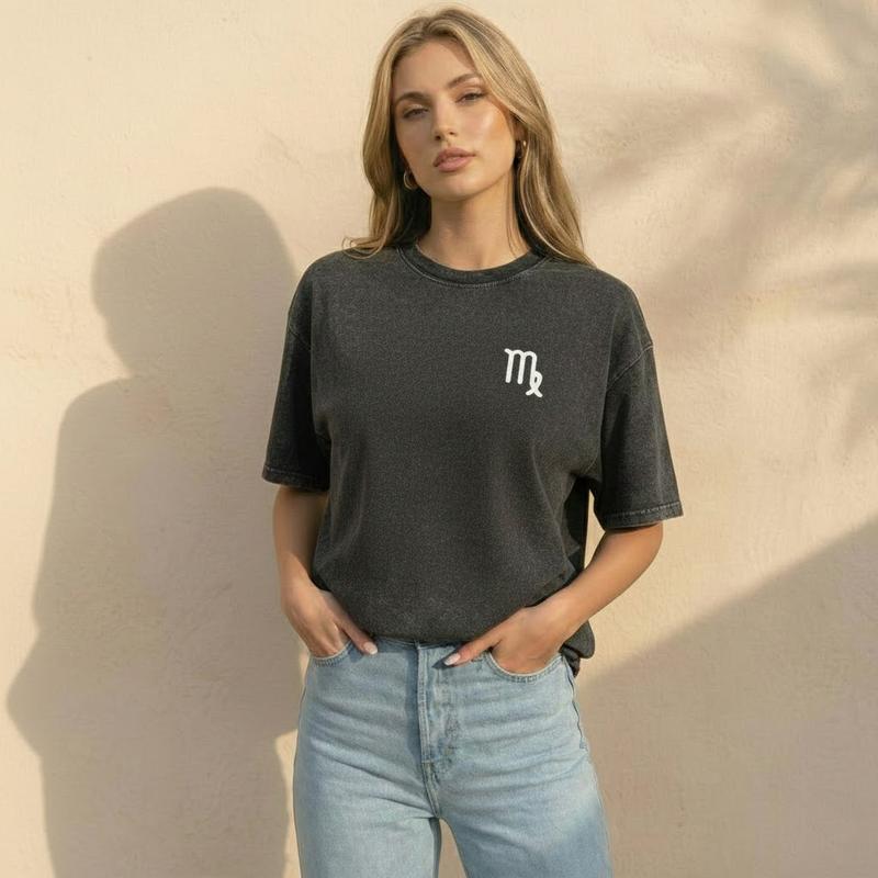 S - 5XL Unisex Vintage Washed Tee Zodiac Nutrition Facts T-shirt Astrology Crewneck Top Horoscope Graphic Tee Star Sign Lucky Charm Birthday Gift Printed Zodiac Sign Clothes Retro Casual Style 100% Cotton Fabric