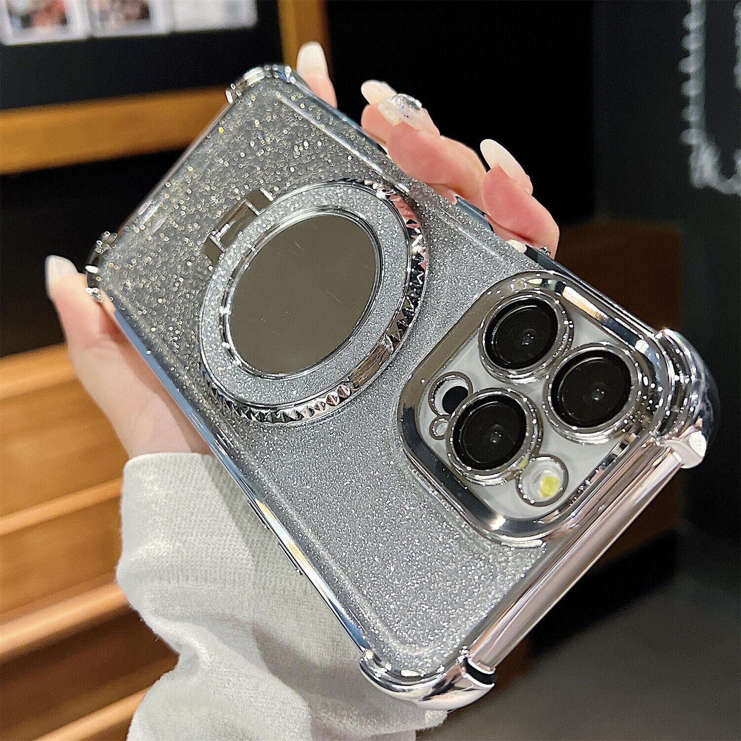 OREKROY Mirror Bling Case Ring Kickstand MagSafe Cover For iPhone 16 Pro Max 15 14 13 12,Anti-fall Shockproof Bling-bling twinkle Phone Cover,Phone Accessories