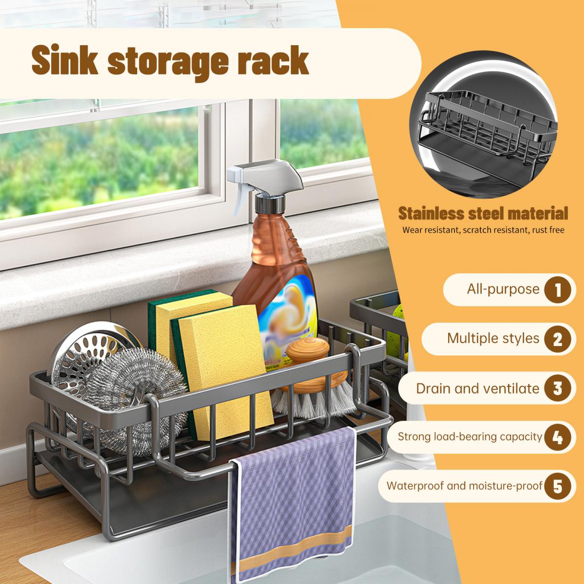 Kitchen Sink Storage Rack with High Brush & Sponge Holder Automatic Drainage System Durable Carbon Steel Ergonomic Partition Hollow Design Removable Water Tray for Sinks Countertops