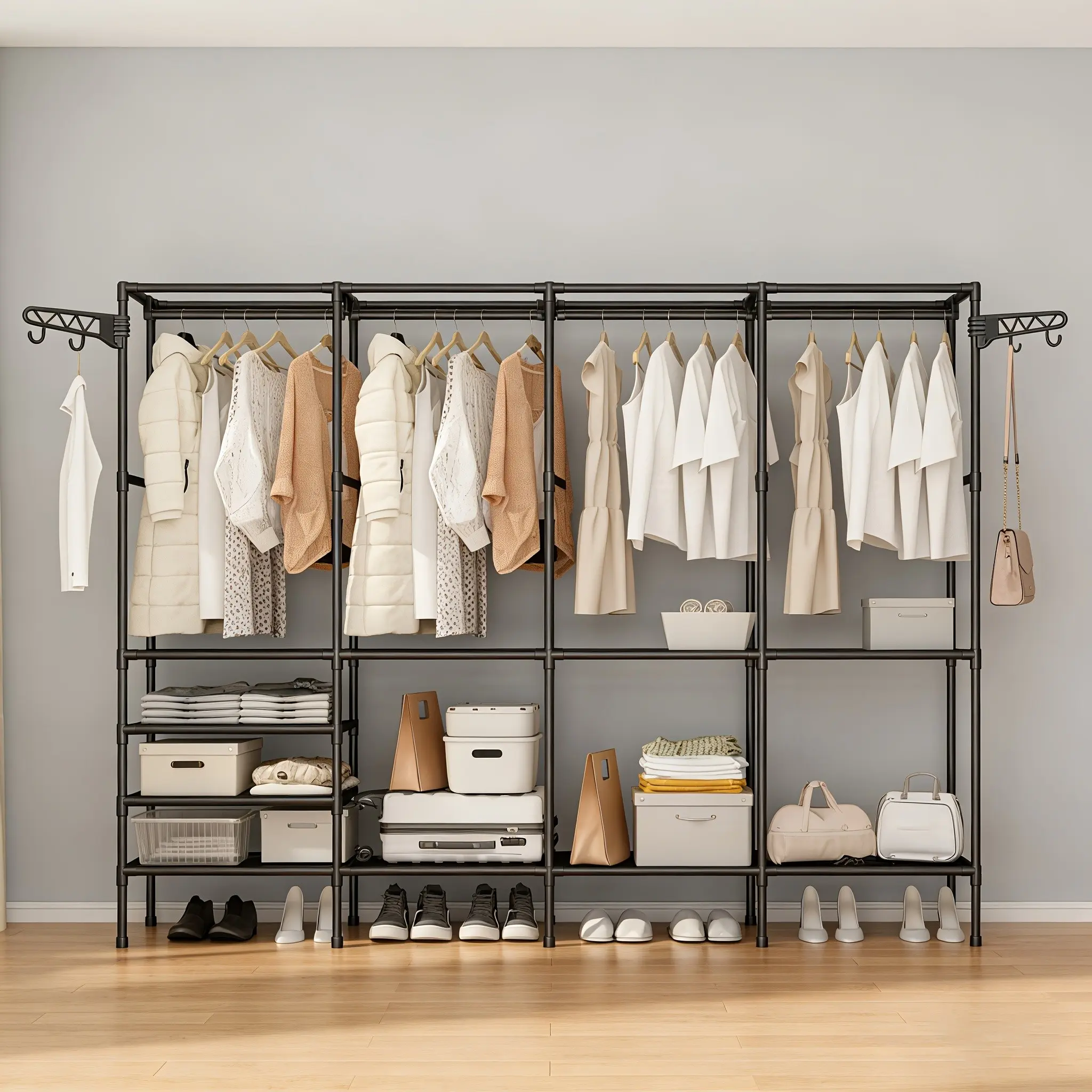 Easy Assembly Large Coat Rack, Independent Clothing Stand, Open Closet with Multiple Hangers, Multi-Tier Shelves, Space-Saving Metal Design, Adjustable Garment Rack