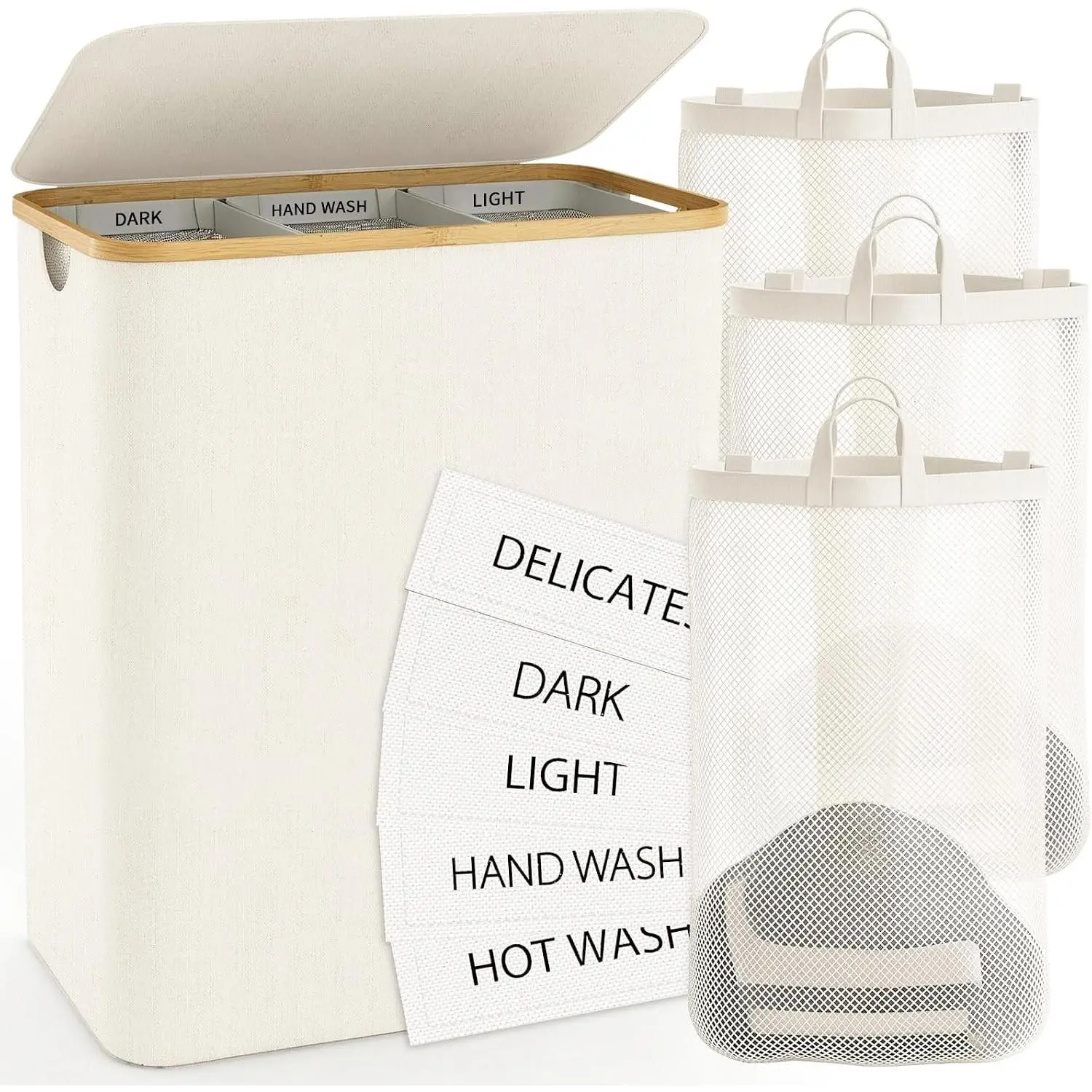 Laundry Basket with Lid, 160L Large 3 Section Laundry Hamper Dirty Clothes Separator with 3 Removable Bags & 5 Labels, Divided Laundry Organizer for Bedroom Laundry Room Beige