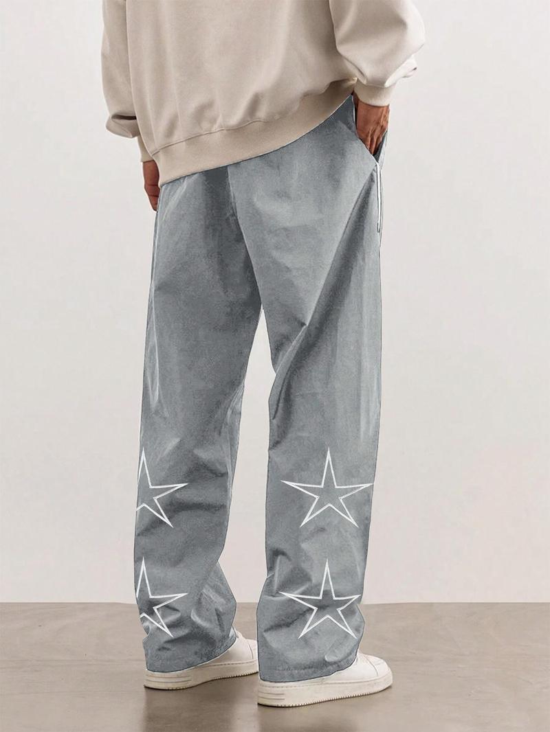 Men's Loose Star Print Drawstring Waist Wide Leg Pants, Casual Pocket Trousers, Casual Streetwear Trousers for Daily Wear, Woven Bottoms for All Seasons, National Day Offers
