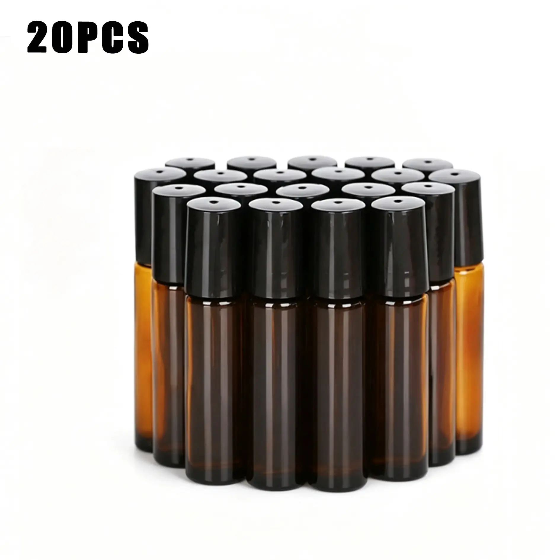 20-Pack Amber Glass Roller Bottle Set, 5/10ML Empty Perfume Bottles, Refillable Liquid Containers, Includes Pump, Funnel, Straw