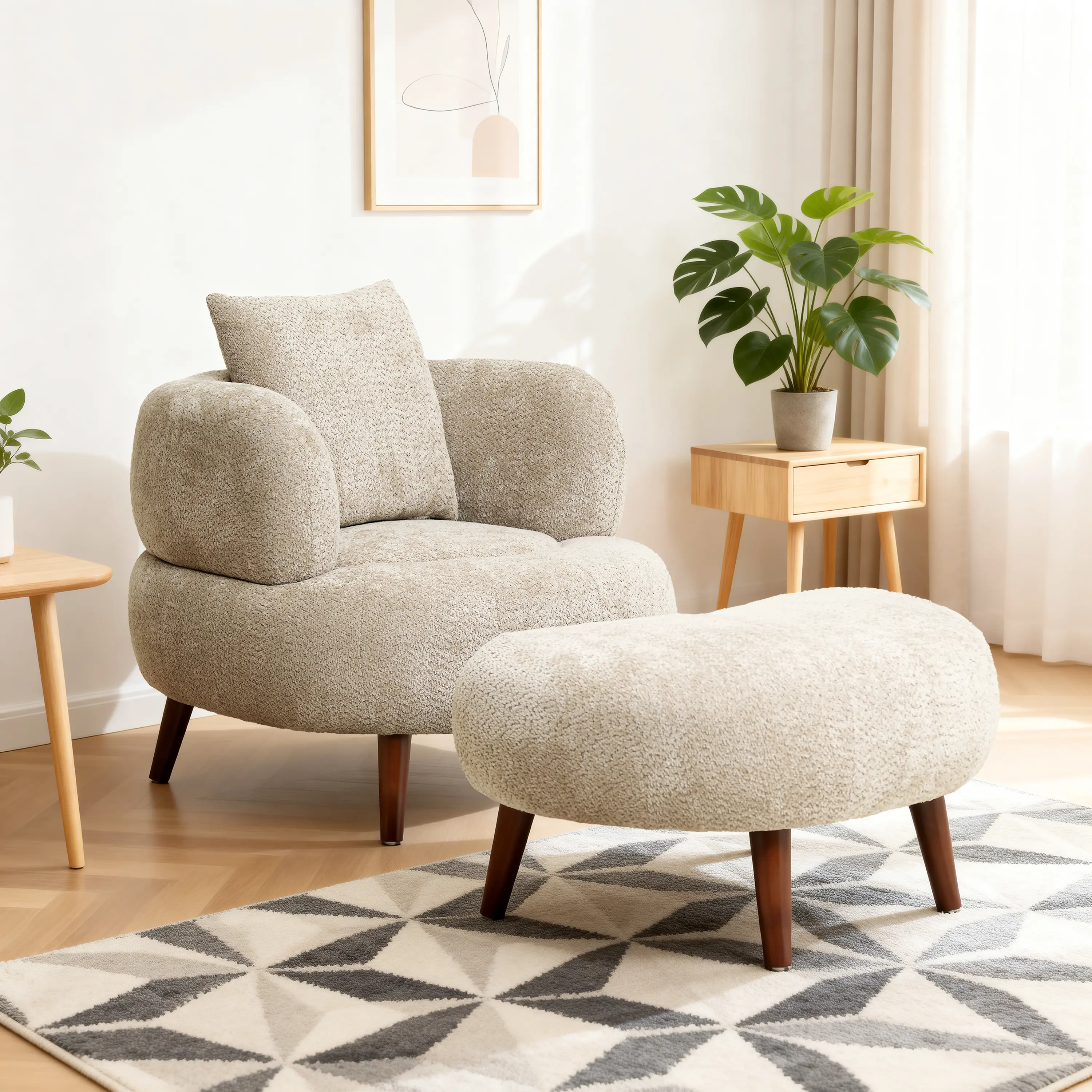 ARCH Chenille Fabric Bucket Chair with Ottoman - 36 in American Design Accent Armchair with Accent Arms, Round Back, Soft Cushion, Pillow for Living Room, Study Relaxation Room, Camel Color
