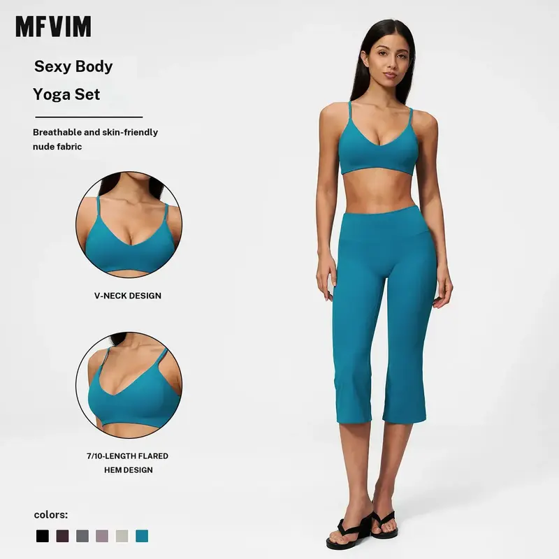 MFVIM Women’s 2-Piece Naked Feel High-Stretch Athleisure Activewear Set - Thin Strap, Deep V Push-Up, Beautiful Back, Tummy Control, Butt Lift, 7/8 Slightly Flared Yoga Gym Suit, Workout Sets Women, Travel Essential