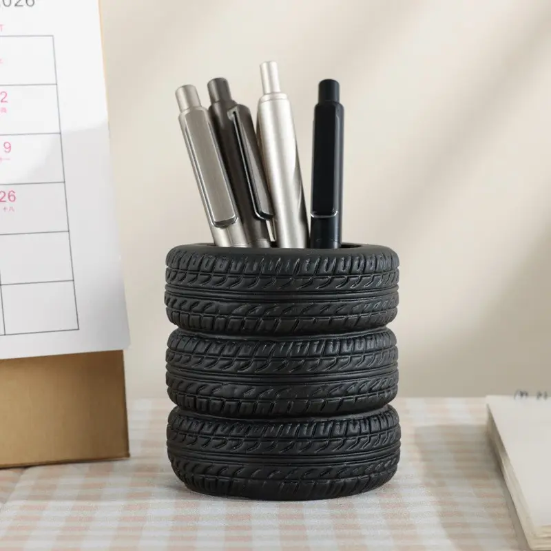 Creative Tire-Shaped Desk Pen Holder, Desktop Organizer for Pens, Rulers and Small Office Supplies