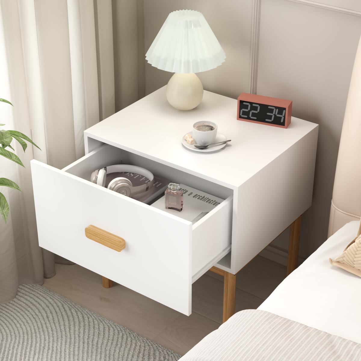 Modern White Nightstand with Drawer and Wood Legs, Minimalist Bedside Table with Handle for Bedroom, Living Room, Apartment Modern White Nightstand with Drawer and Wood Legs, Minimalist Bedside Table with Handle for Bedroom, Living Room, Apartment