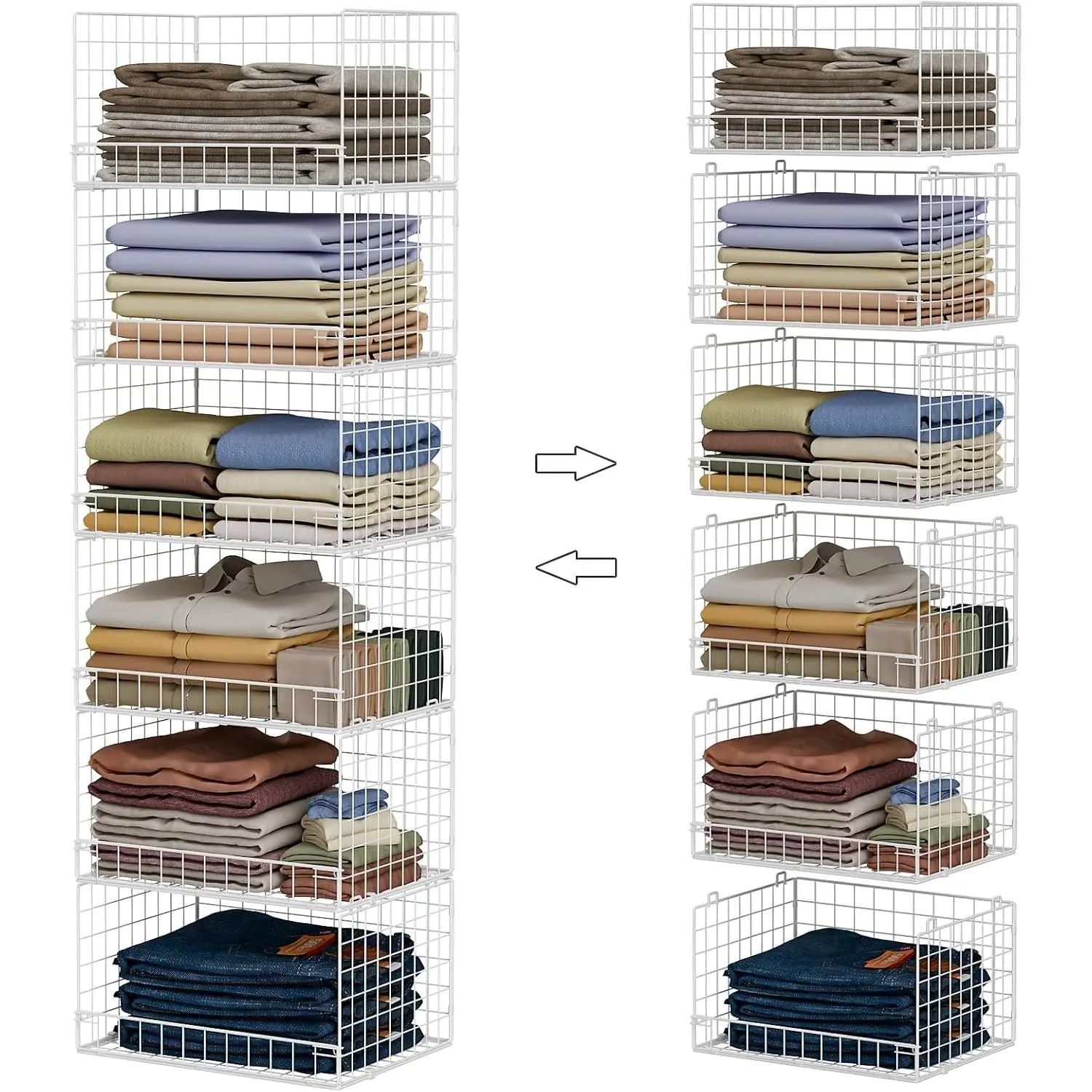 6-Tier Stackable Closet Organizers and Storage Shelves, Closet Shelf Organizer Basket Bins, Foldable Sweater Storage for Clothes Organizer System, White（Patent No. 30022416）