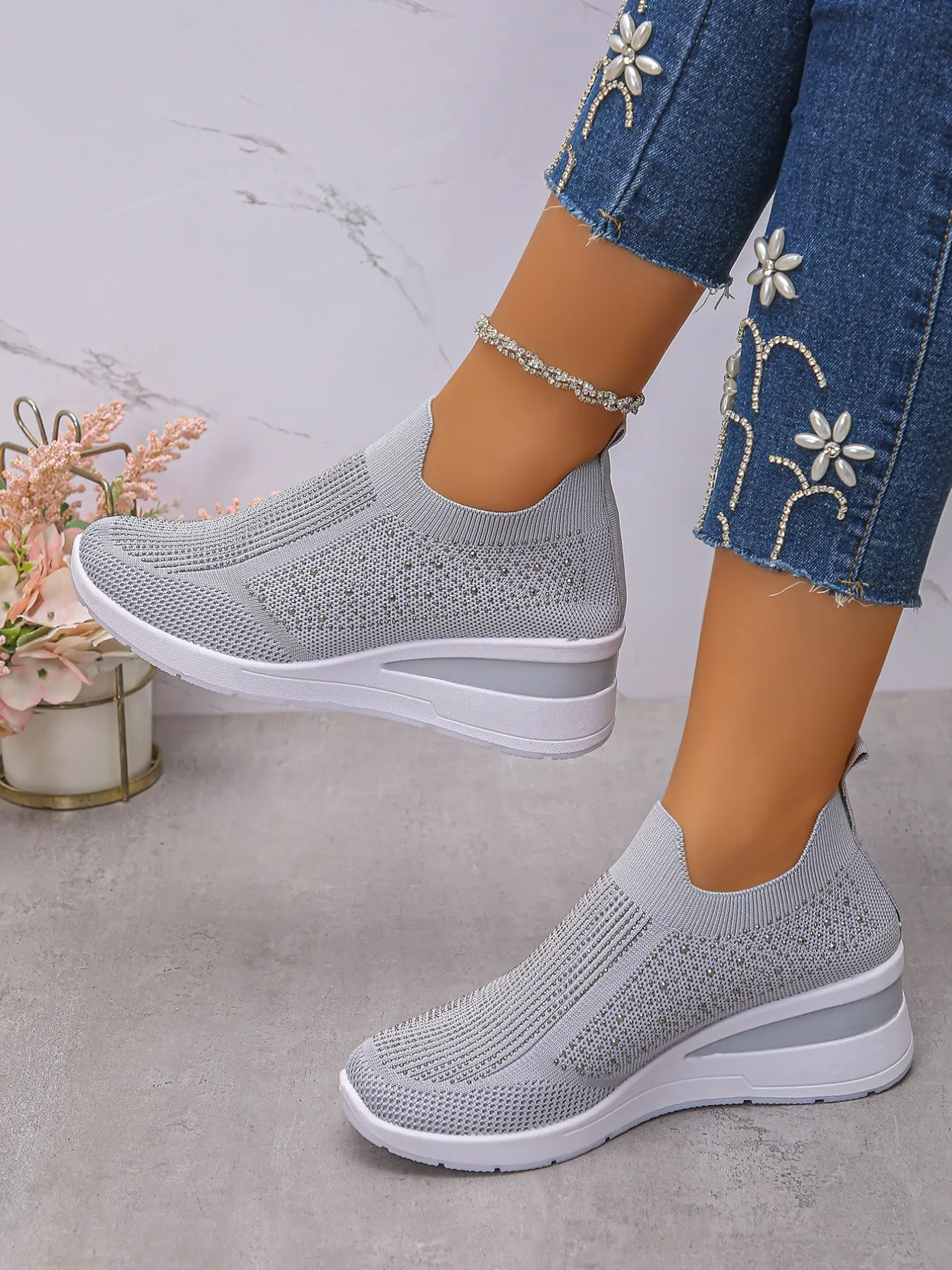 Rhinestone Decor Slip On Knit Wedge Platform Casual Walking Sneakers for Women, Flexible Non-Slip Shock Absorbing Rubber Sole Trainers for Shopping Weekend Trips & Daily Leisure