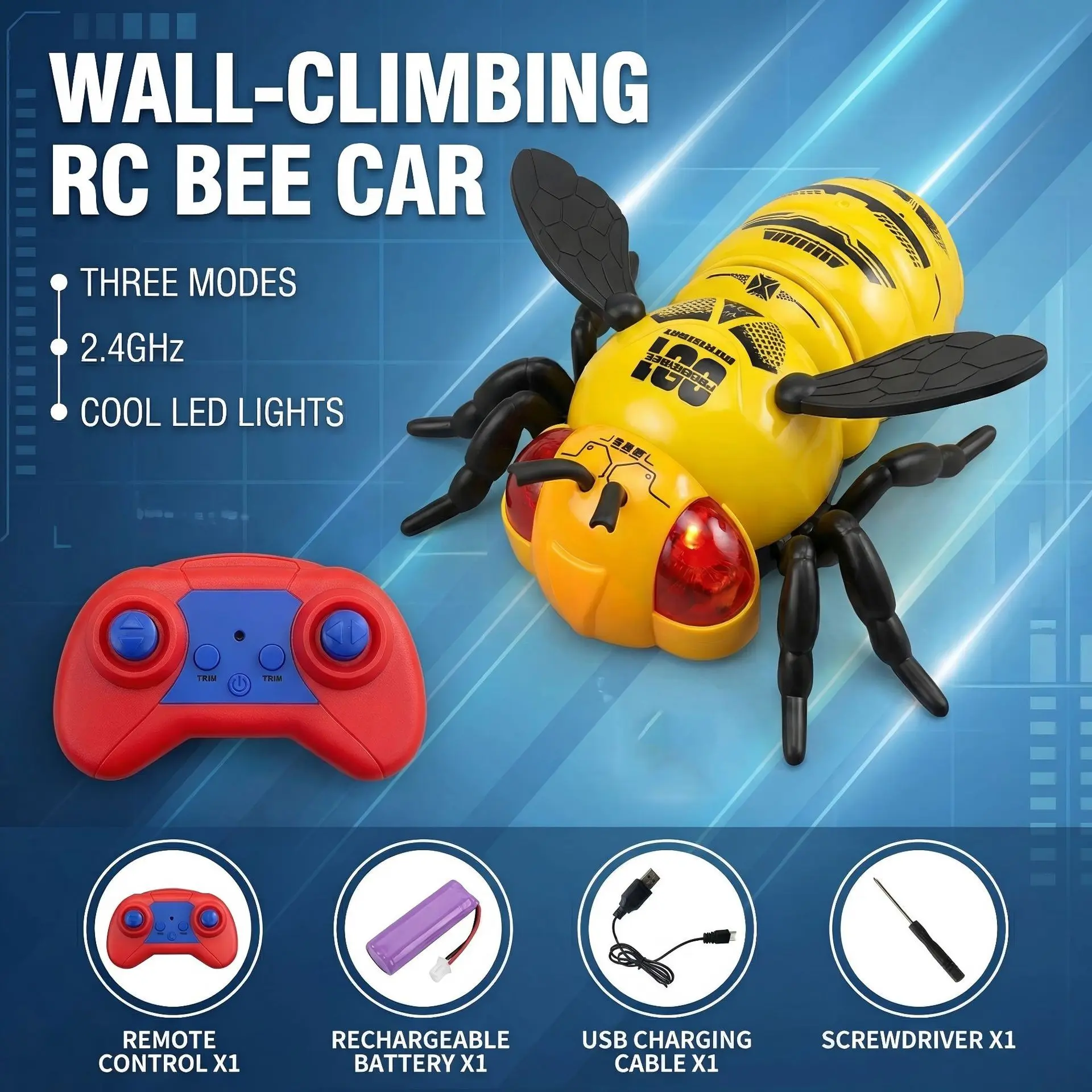 Electric Remote-Controlled Wall-Crawling Bee Toy, USB Charging, Wireless Control, Non-Slip Adhesive, Fun Interactive Gift for Kids