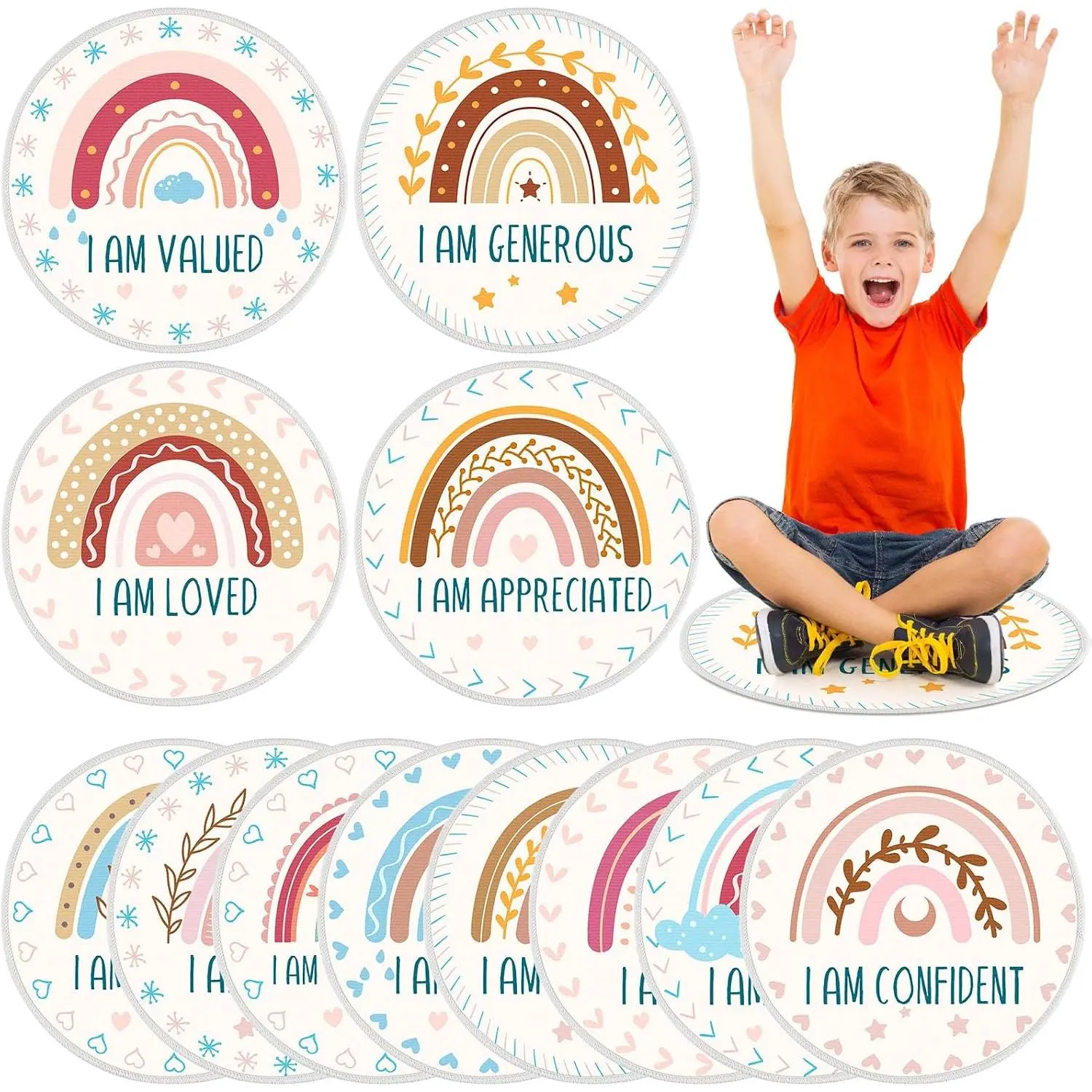 12 Pcs Kids Carpet Circle Seats for Class 16 Inch Round Classroom Rug Back to School Soft Educational Mat Non Slip First Day of School Playing Areas(Boho Rainbow)