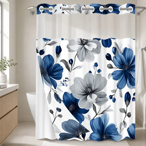 1 Pc Hookless Double Layer Shower Curtain with Snap-in Liner, Navy Blue Gray Floral Flower Leaf Print, Waterproof & Mold Resistant Bath Curtain with Mesh Top Window, Botanical Bathroom Decor for Home Dorm, Shower Curtain No Hooks