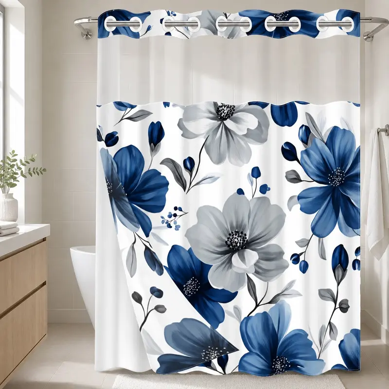 1 Pc Hookless Double Layer Shower Curtain with Snap-in Liner, Navy Blue Gray Floral Flower Leaf Print, Waterproof & Mold Resistant Bath Curtain with Mesh Top Window, Botanical Bathroom Decor for Home Dorm, Shower Curtain No Hooks