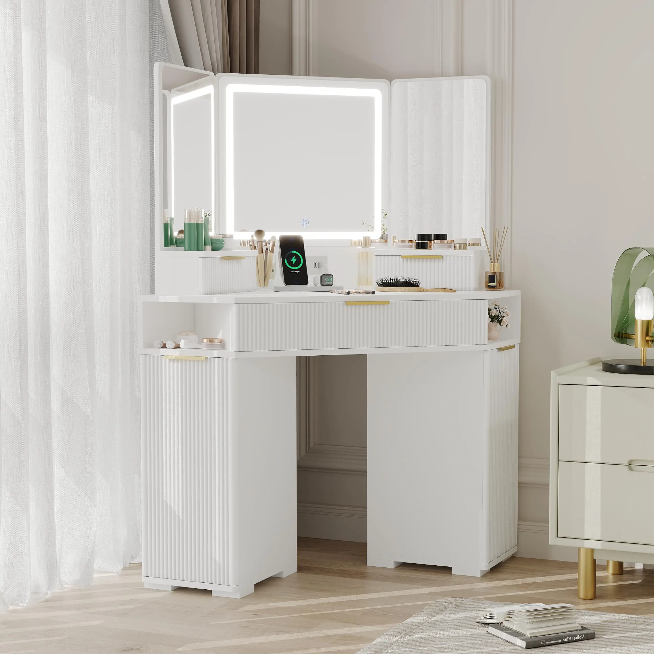 Corner Vanity Desk with Mirror and Lights, 48" Fluted Makeup Vanity with Drawers, Charging Station and Cabinets for Bedroom – Corner Dressing Table with Triple Mirrors, 3 Color Modes