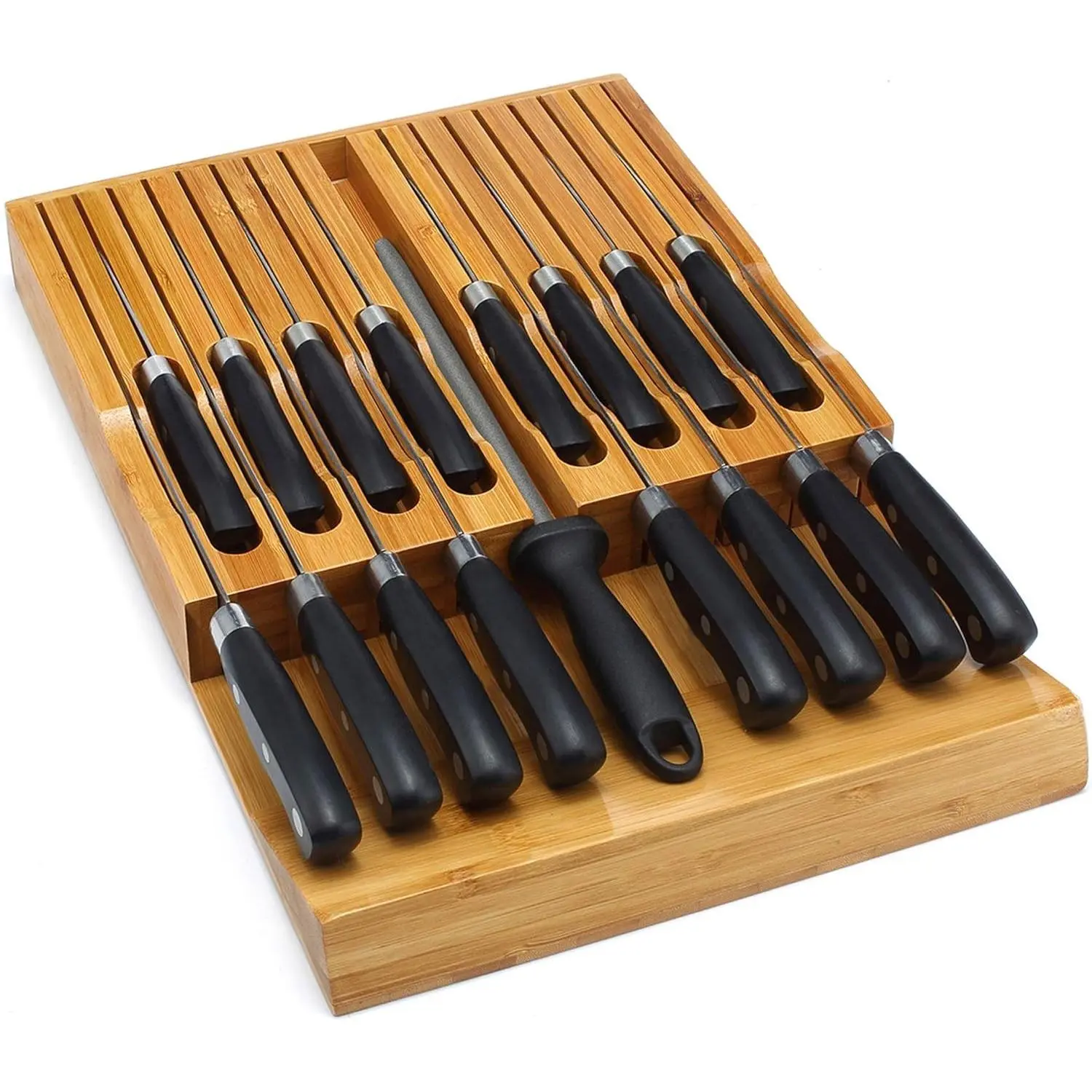 In-Drawer Knife Block,Bamboo Knife Drawer Organizer Insert, Kitchen Knife Drawer Storage for 16 Knives PLUS a Slot for your Knife Sharpener (Without Knives)