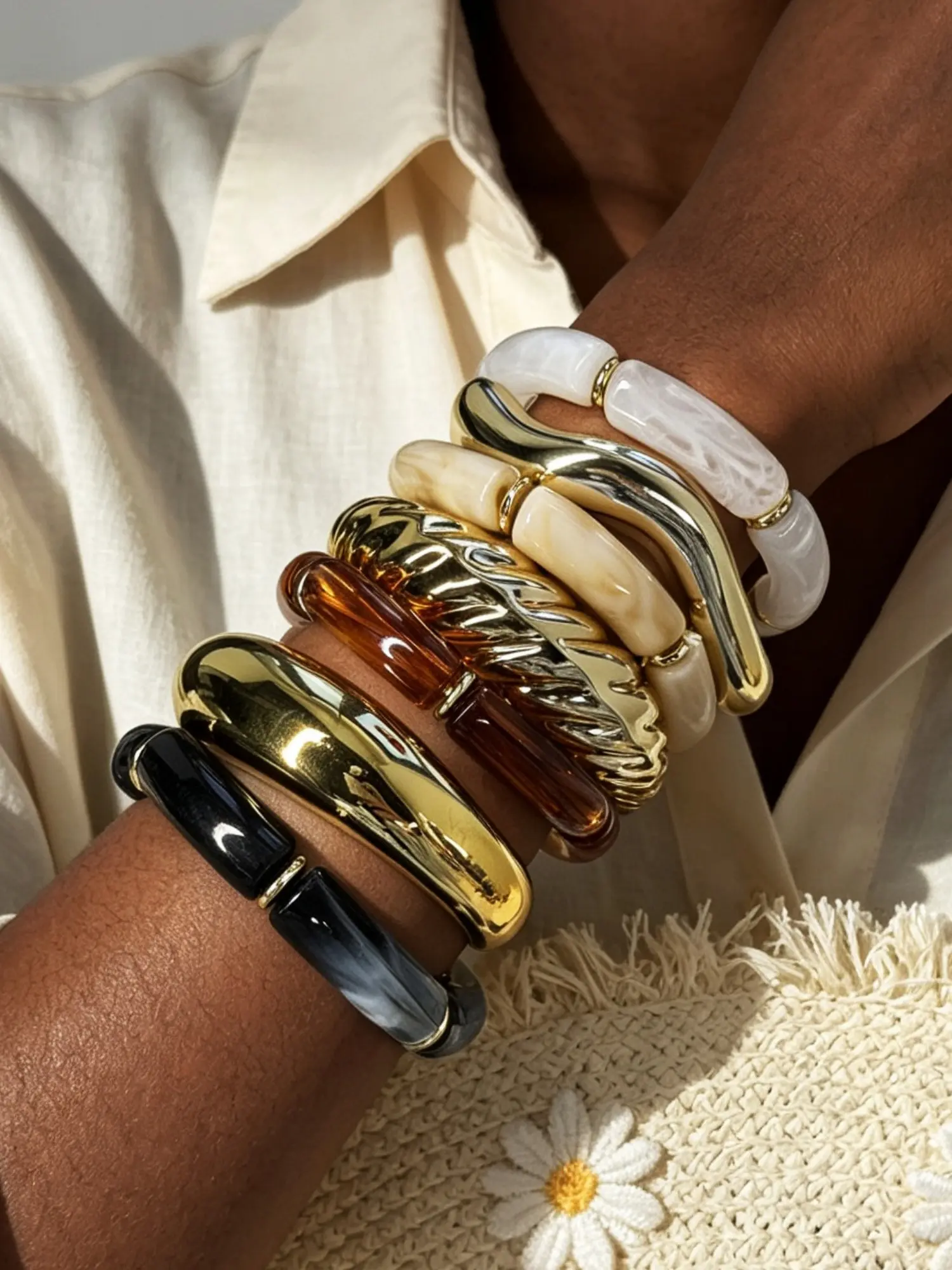 7 Pcs Women's Fashion Bracelets, Boho Vintage Resin Beads, Elastic Bangle Set, Perfect for Daily Wear, Parties, Gifts, All Seasons