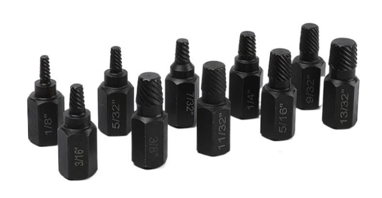 10-piece set of screw and nut extractors, damaged screw extractors, broken screw and hex bolt removal tools