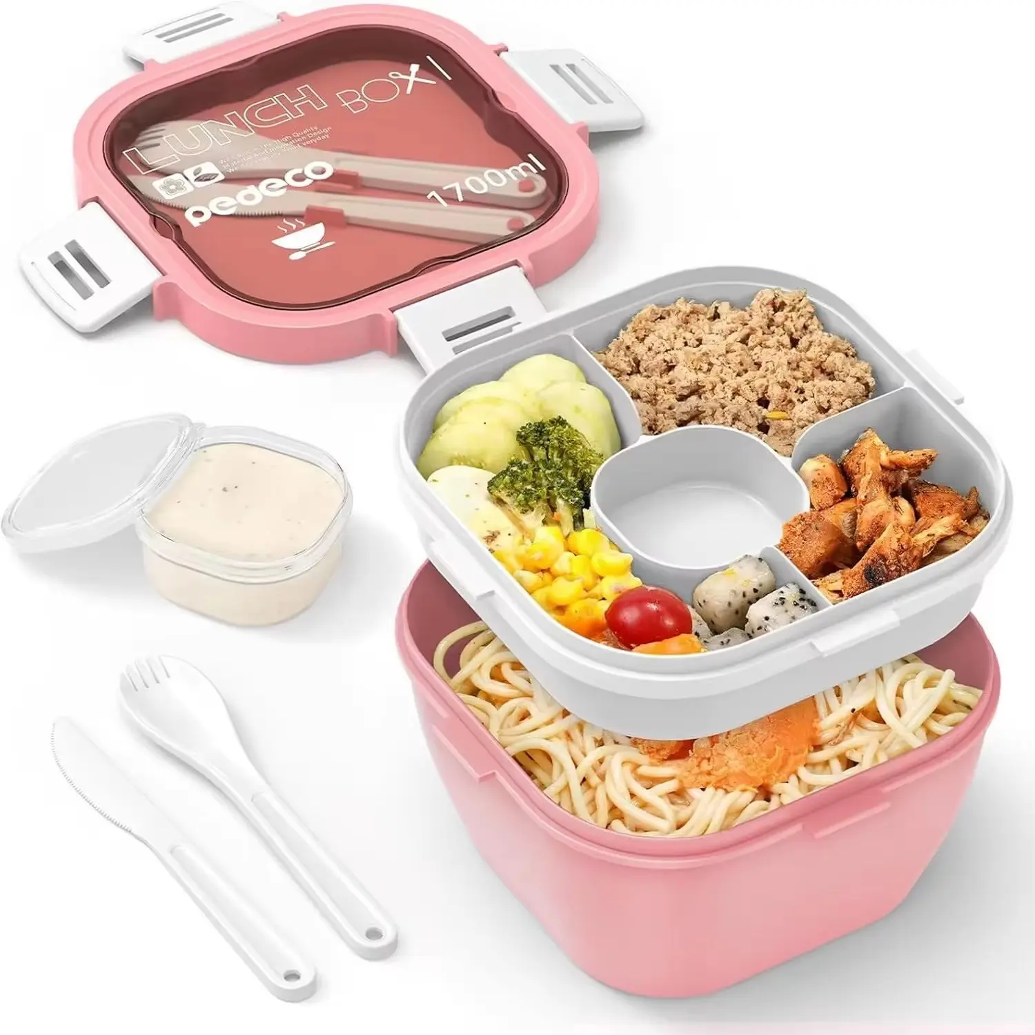 All-in-One Salad Container - Large Salad Bowl, Bento Box Tray, Leakproof Bento Box, Leak-Proof Sauce Container, Dishwasher/Microwave Safe, Meal Prep Container