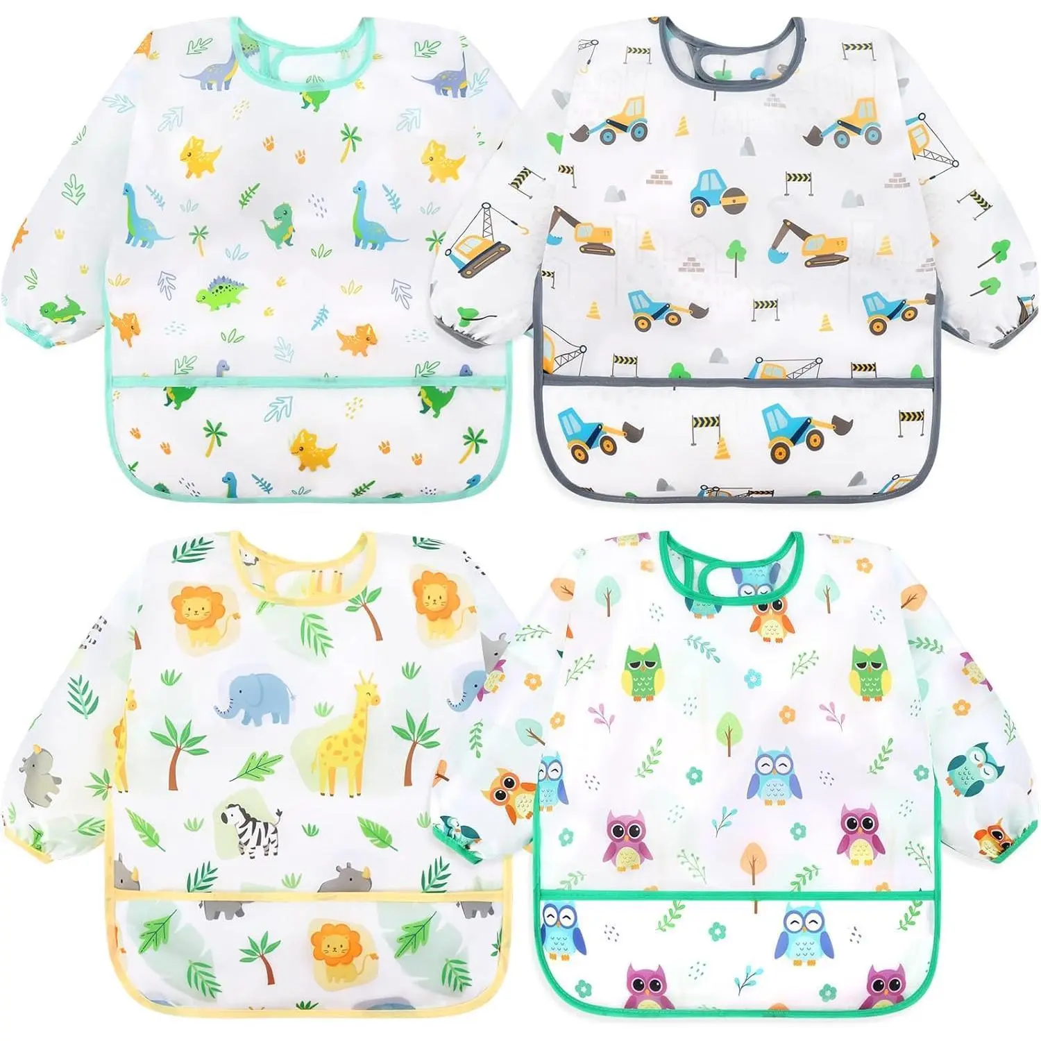 Unisex Baby & Toddler Feeding Bibs (4-Pack, 6-36 Months) - BPA-Free EVA Smock, Long-Sleeve Waterproof Full-Coverage, Adjustable, Catch-All Pocket, Cute for Eating, Drawing, Learning, Safe Comfortable Casual Material