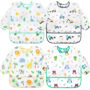 4 Pack Long Sleeve Feeding Bibs for Babies & Toddlers, Waterproof Full Coverage Smock with Catch-All Pocket, Comfortable Baby Apron for Eating & Art, 6-36 Months