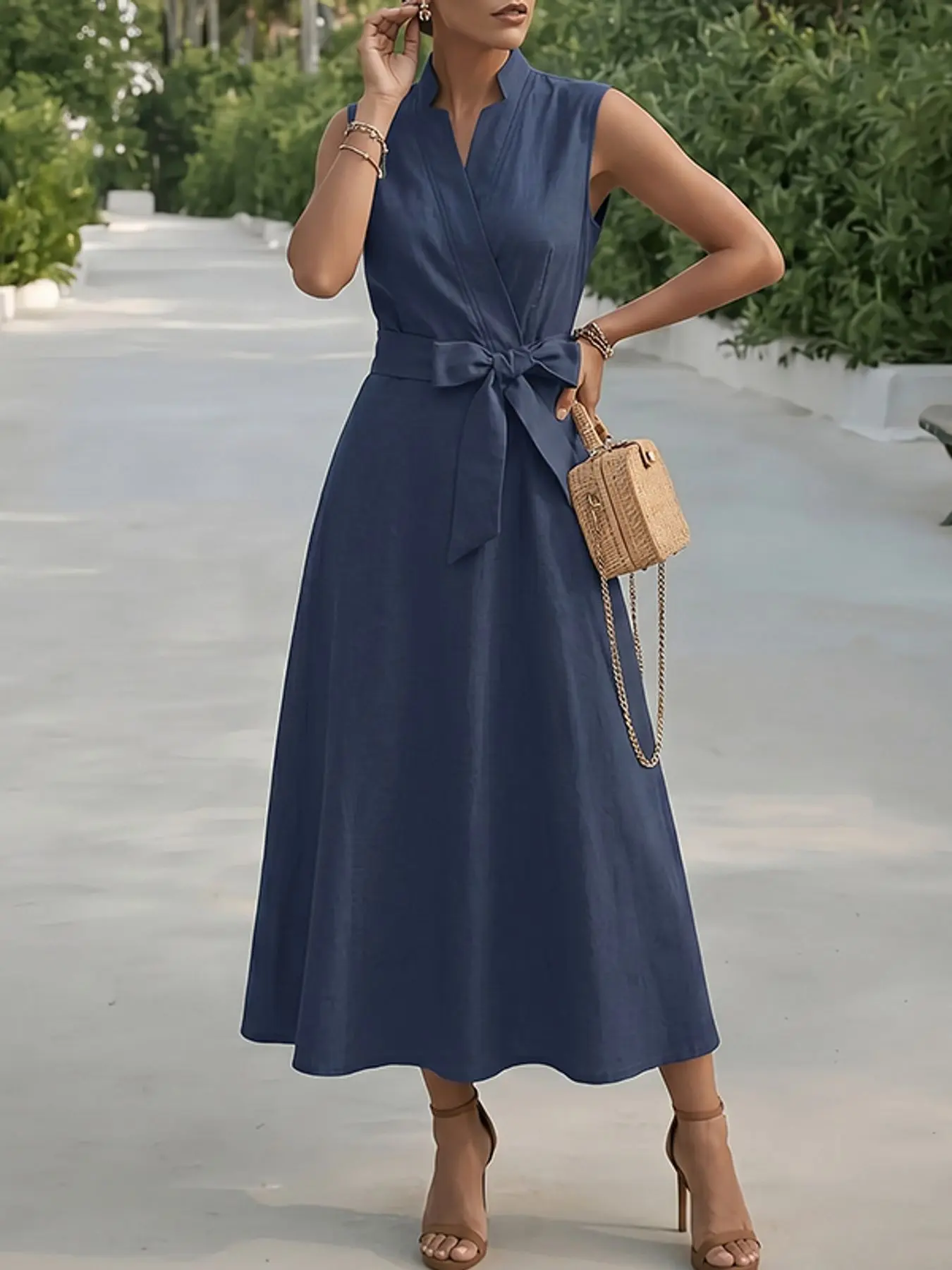 ZANZEA Women's V-Neck Sleeveless Cross Front Midi Dress, Waist Cinch with Belt, Side Zipper Design, Casual Slim Fit, Solid Color