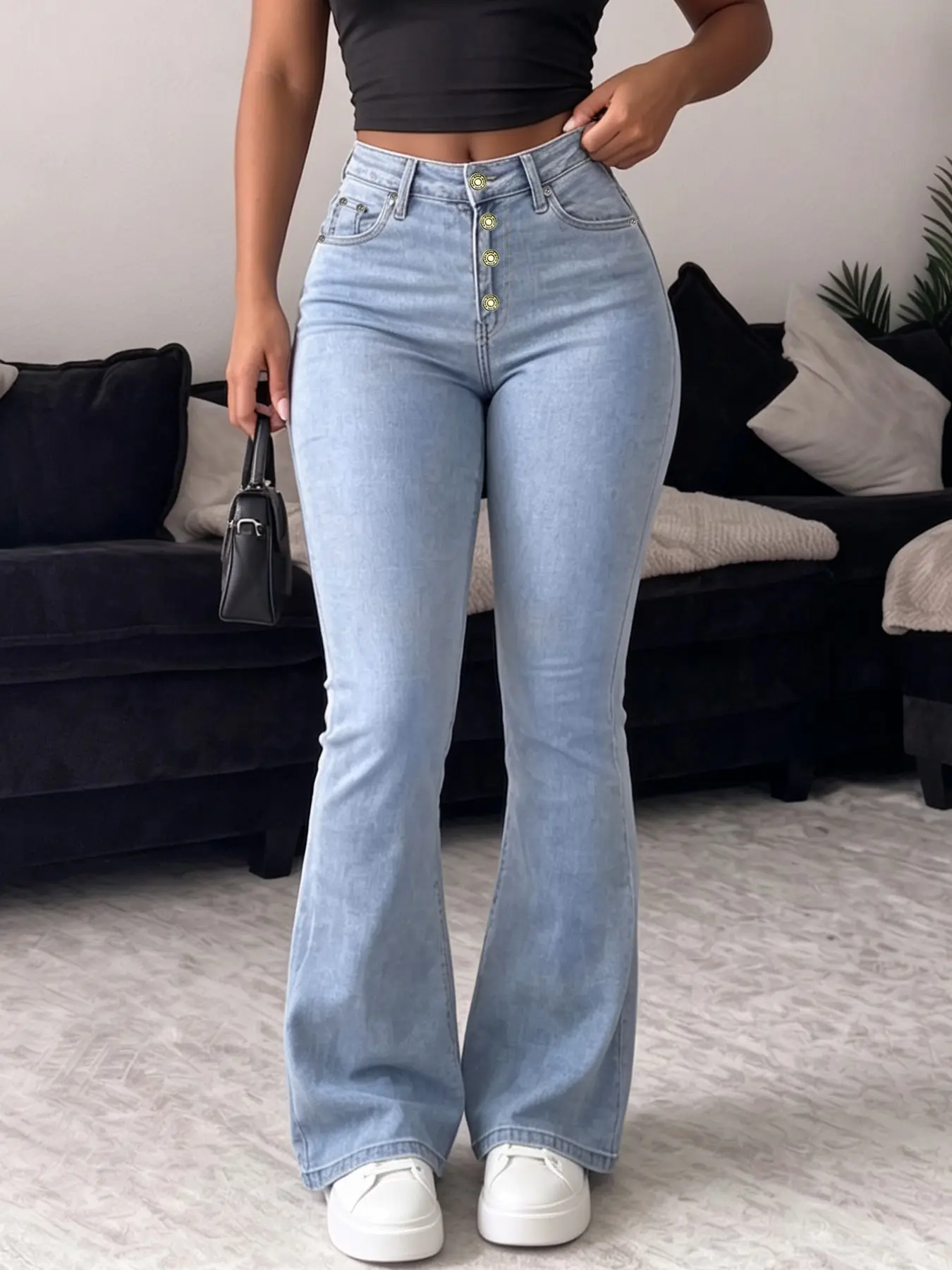 Nvfelix Y2K High-Waisted Elastic Flare Jeans for Women, American Vintage Four-Button Belly Control Slimming Floor-Length Pants