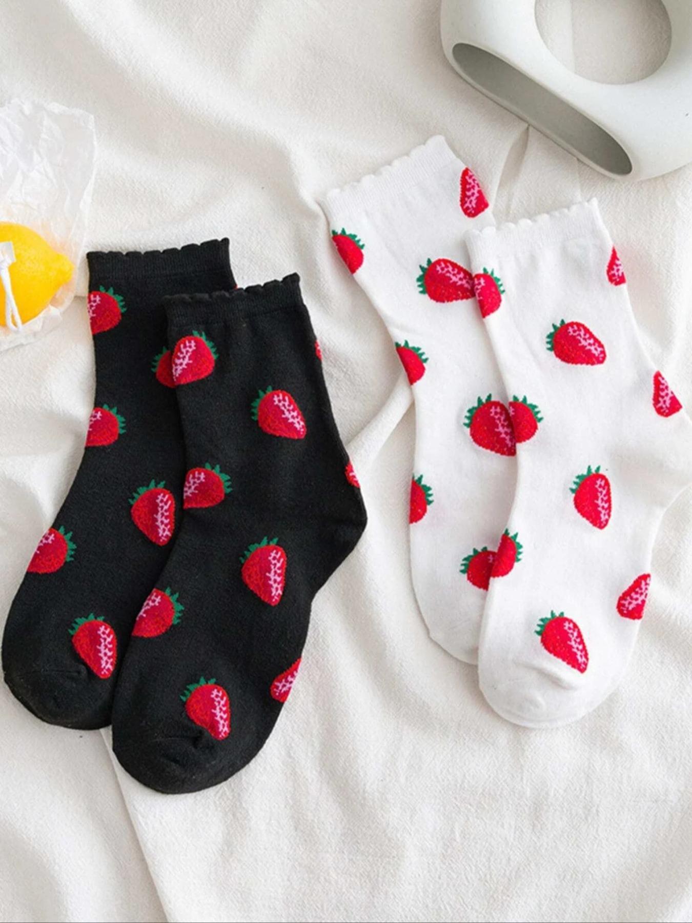 Women's 2 Pairs Strawberry Print Jacquard Crew Socks, Fall Wear, Fallfreshness Casual Moisture Wicking Socks, Soft Comfy Breathable Socks For All Seasons Daily Wear, Womenswear, Sock Set
