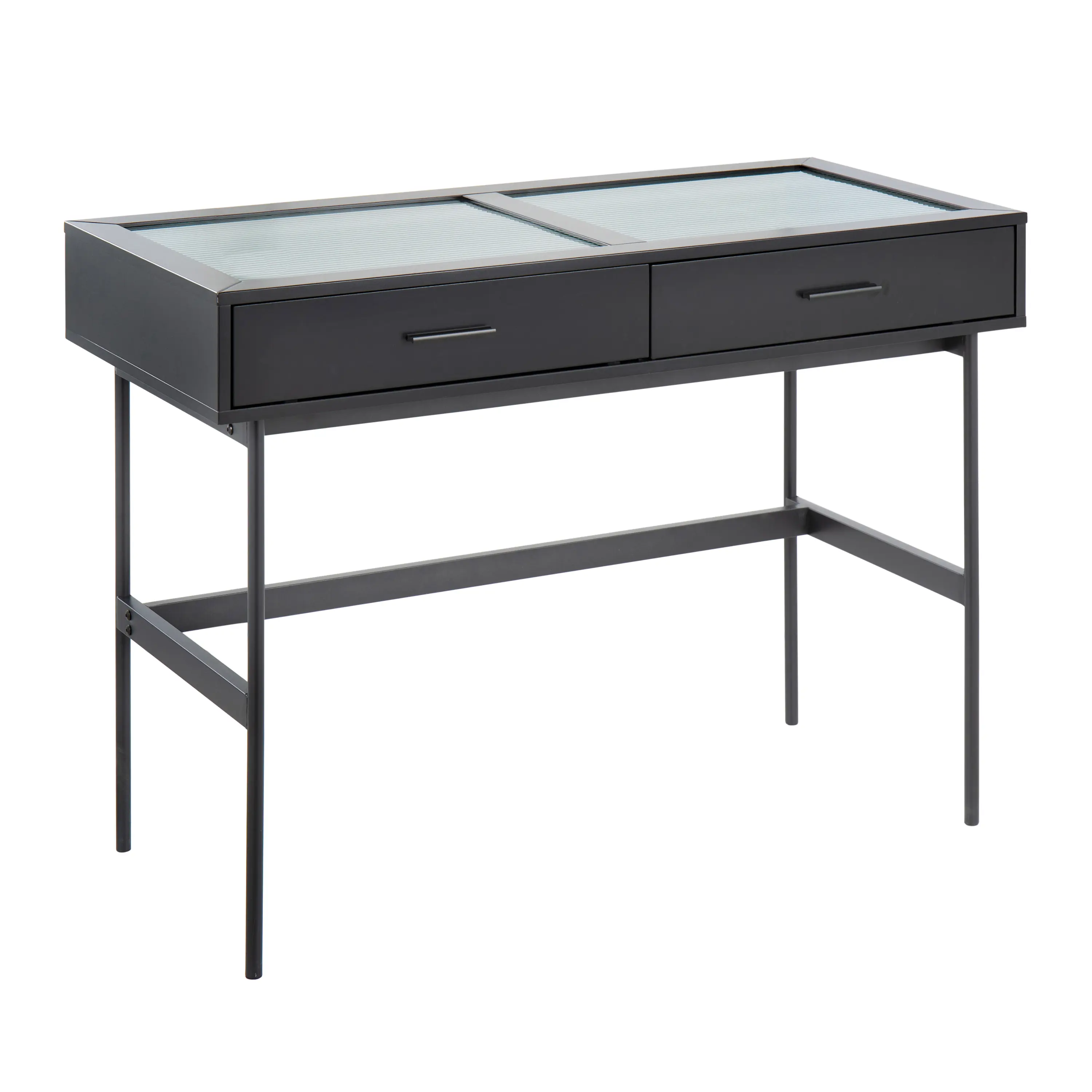 ARCH Contemporary Console Table with Glass Top, Black Wood & Black Steel Frame, Modern Sofa Table for Living Room, Entryway, Hallway, Accent Furniture, Sturdy Narrow Table, 1-Piece, Living Room Table for Sofa Side, Bedroom, Office