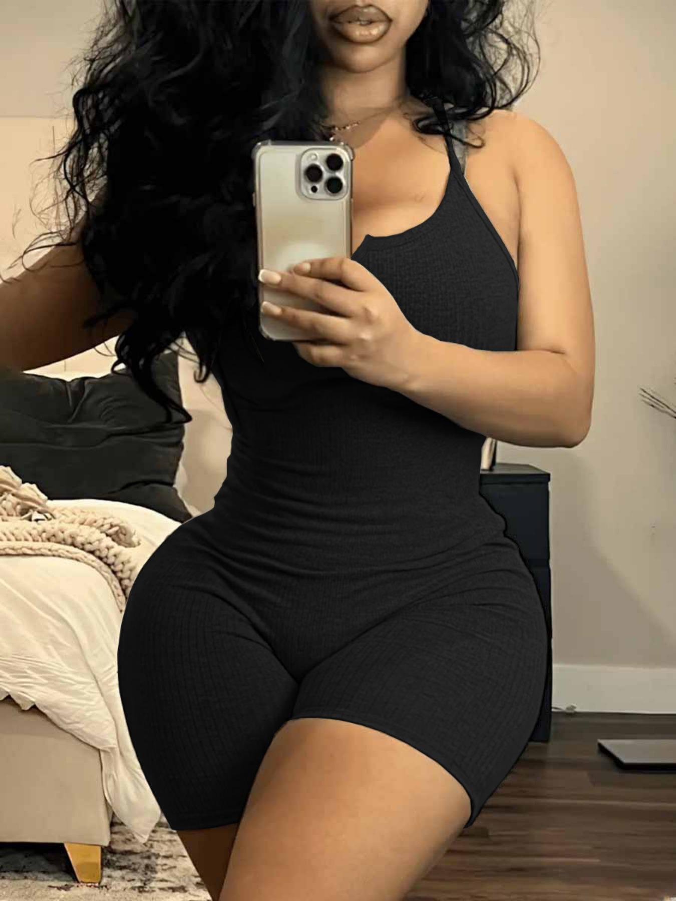 Women's Solid Color / Heart Print Notched Neck Cami Ribbed Romper, Casual Basic Spaghetti Strap Sleeveless High Waist Skinny Romper for Summer, Ladies Clothes for Daily Wear