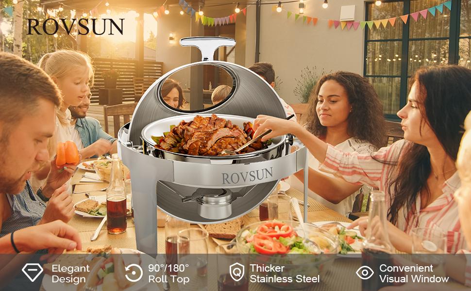 ROVSUN Roll Top Chafing Dish Buffet,6 Quart Round Stainless Steel Chafer for Catering,Buffet Servers and Warmers Set with Glass Window for Wedding, Parties, Banquet, Events，Graduation