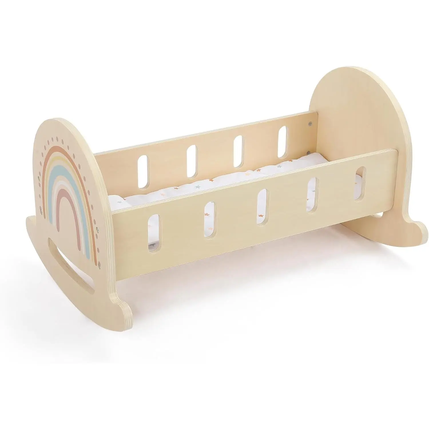 Wood Rocking Doll Crib for Dolls up to 18 Inches, Wooden Baby Doll Bed Dolls Cradle with Blanket & Pillow, Classic Pretend Play Toy for Kids Ages 3+