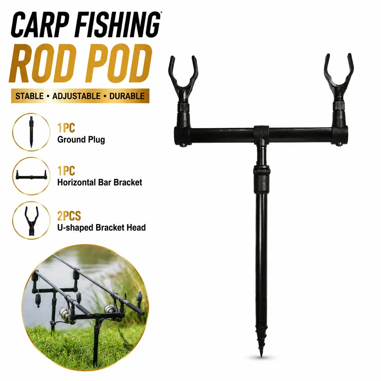 Carp Rod Pod Ground Spike Stand 2 Rod Rest Holder Portable Metal Bank Fishing Support Bracket for Coarse Lake Carp Fishing Tackle Fishing Equipment