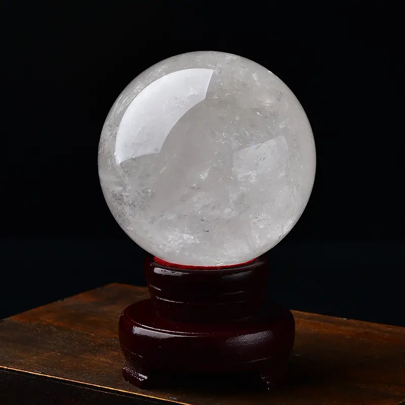 Natural Clear Quartz Crystal Sphere Ball With Wooden Stand, Raw White Crystal Orb For Feng Shui Energy Healing Meditation Home Desktop Decor