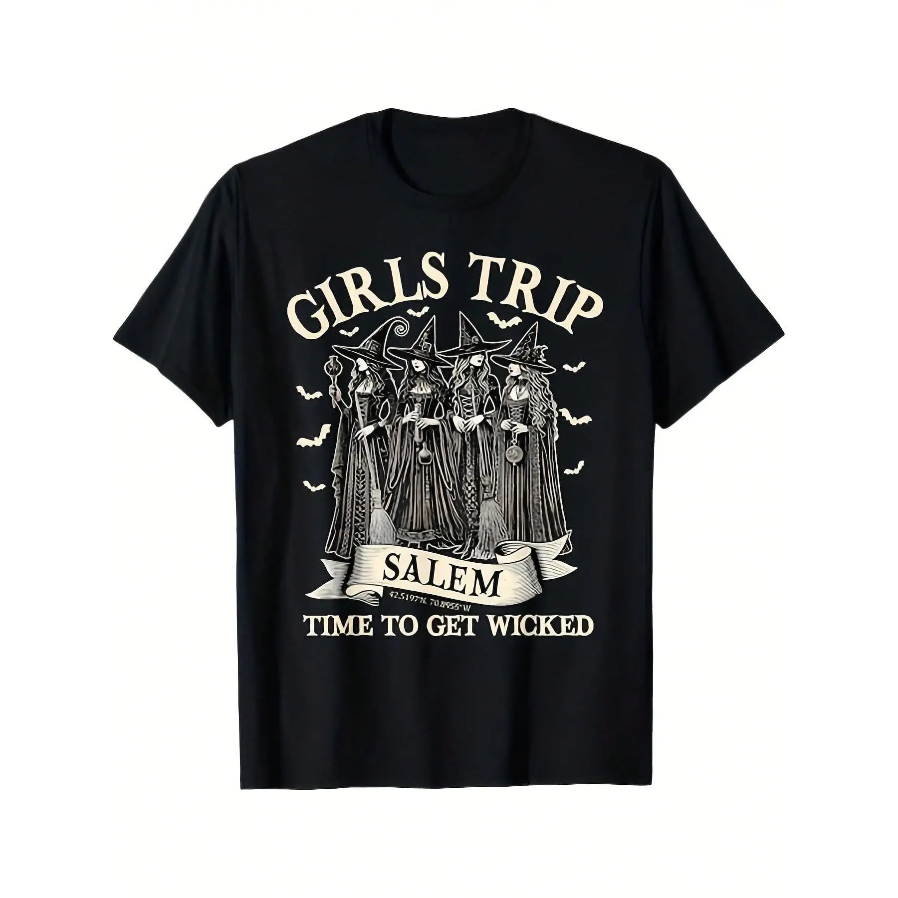 Girls Trip Salem Witchy Halloween T-Shirt - "Time To Get Wicked" Graphic Tee With Witches - Crewneck Shirt For Halloween Parties, Salem Witch Trips & Casual Attire - Men'S Casual Costume Apparel, Festive Clothing