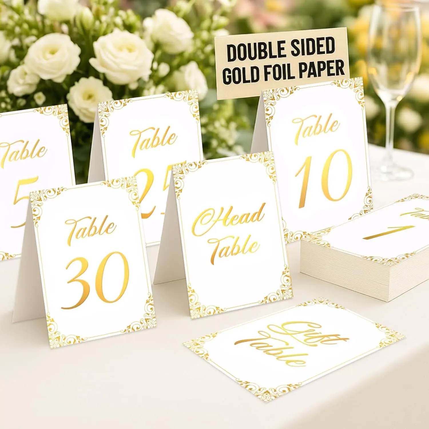 Gold Wedding Table Numbers 1-30 - Double Sided Foil Table Cards 4x6 Inch, Ideal for Wedding Reception Party Events