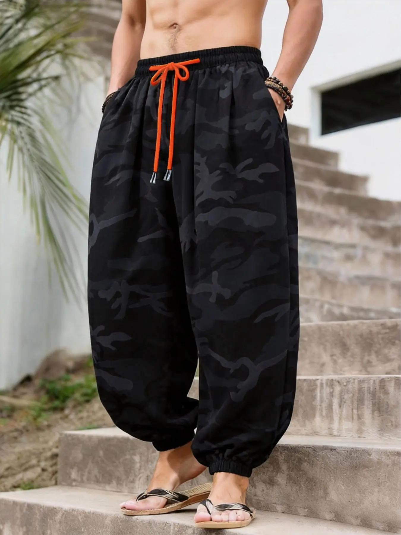 Men's Thin Camouflage Cargo Pants, Rope Loose Fit Lantern Pants, Casual Long Pants for Beach, Daily Commute, Leisure